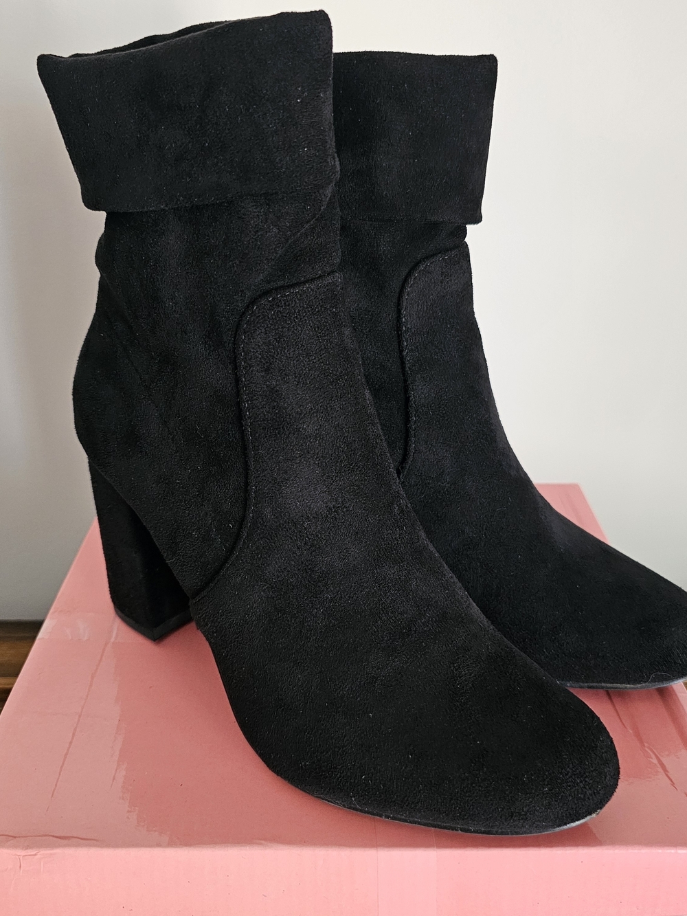 Allegra K Black Faux Suede Foldover Pull-On Ankle Boots Block Heel US 9